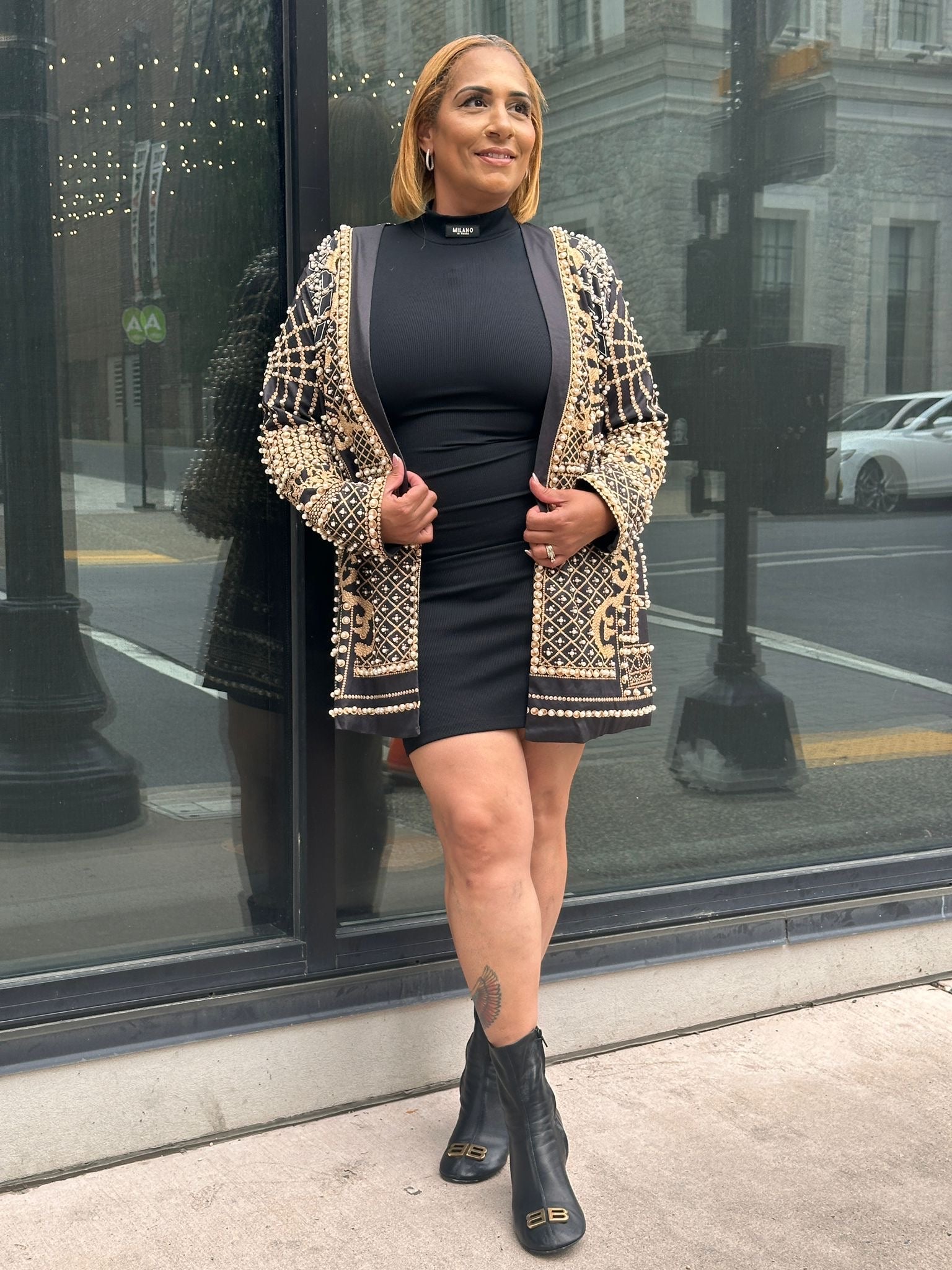 knee length dresses for ladies Metallic Beaded Blazer Dress